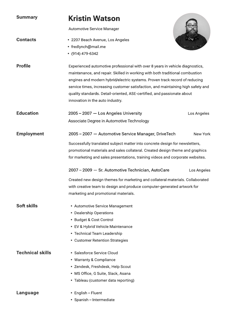 ATS Automotive Simple CV template preview