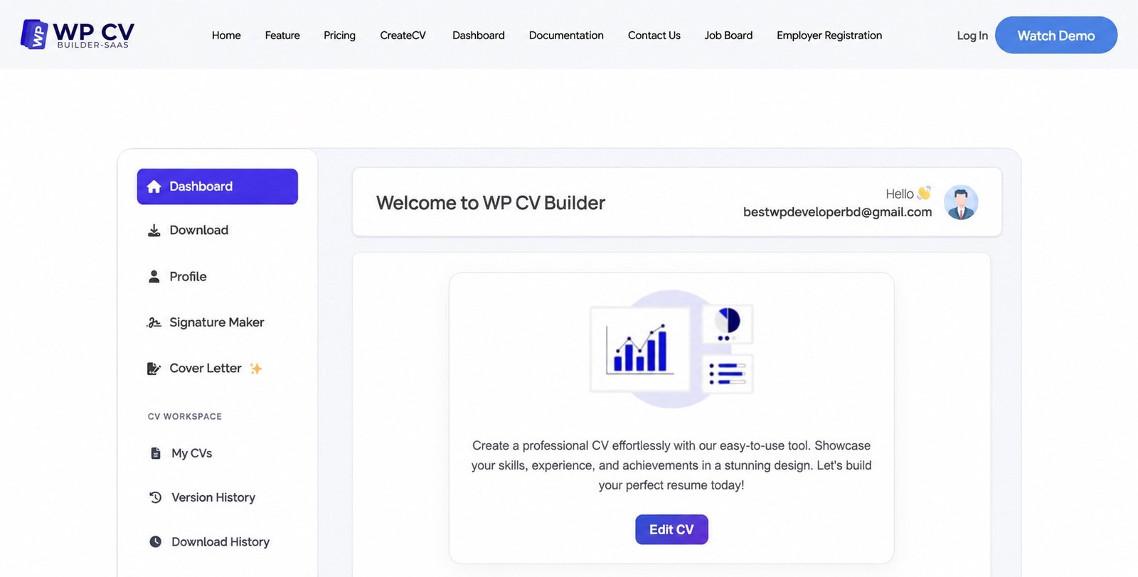 Real WP CV Builder customer dashboard