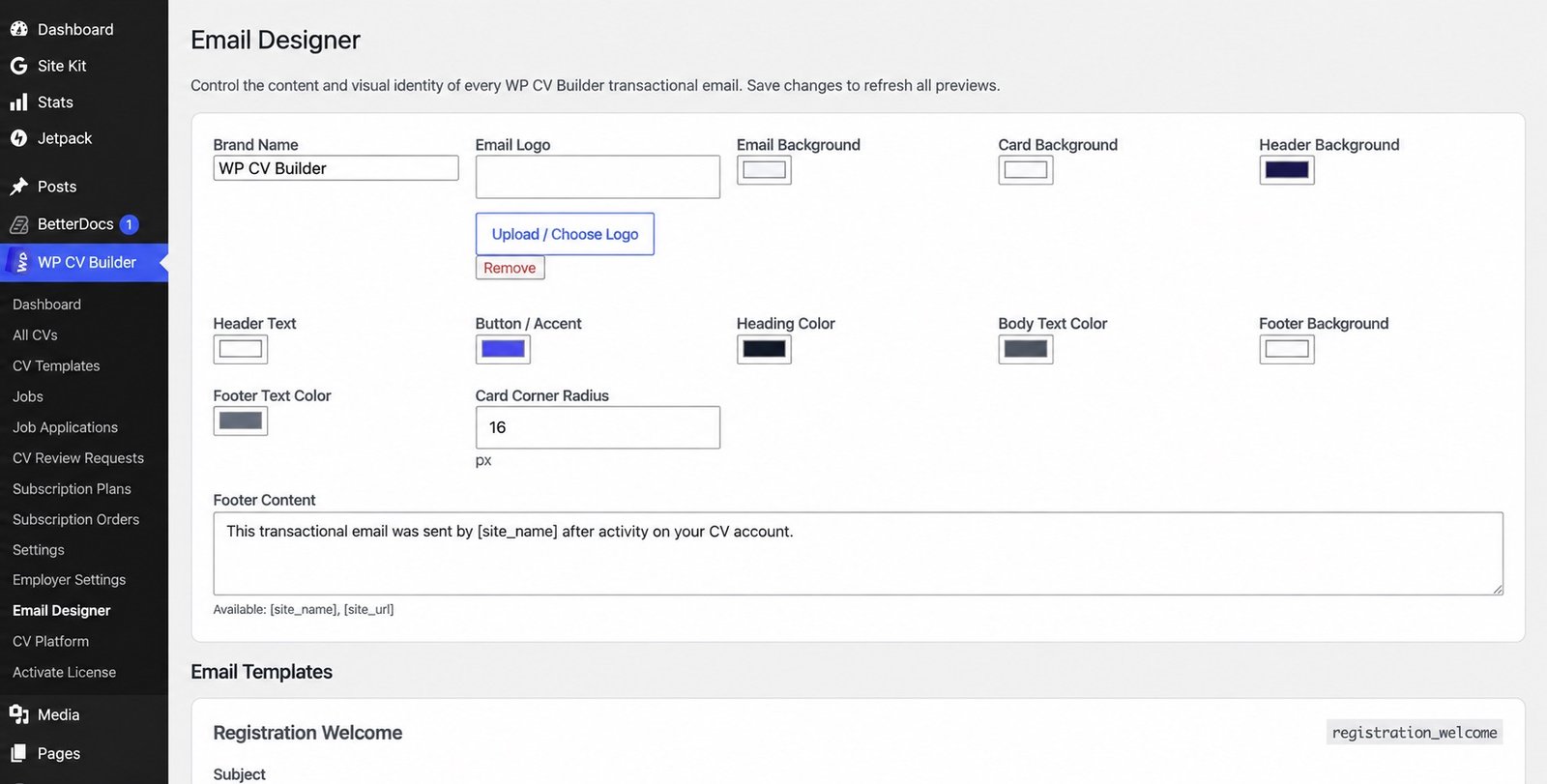 Real WP CV Builder email designer