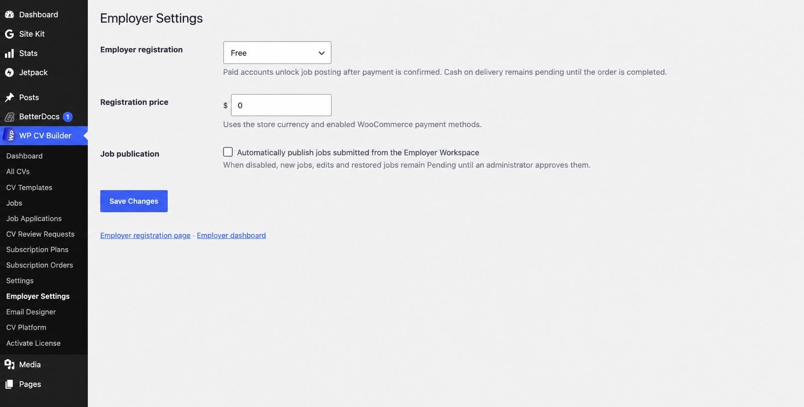 Real WP CV Builder employer settings