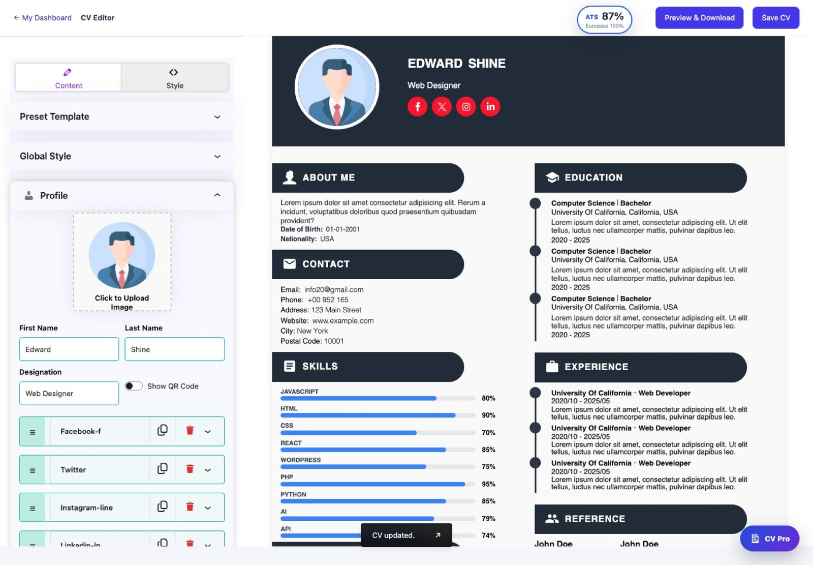 Real WP CV Builder front-end CV editor