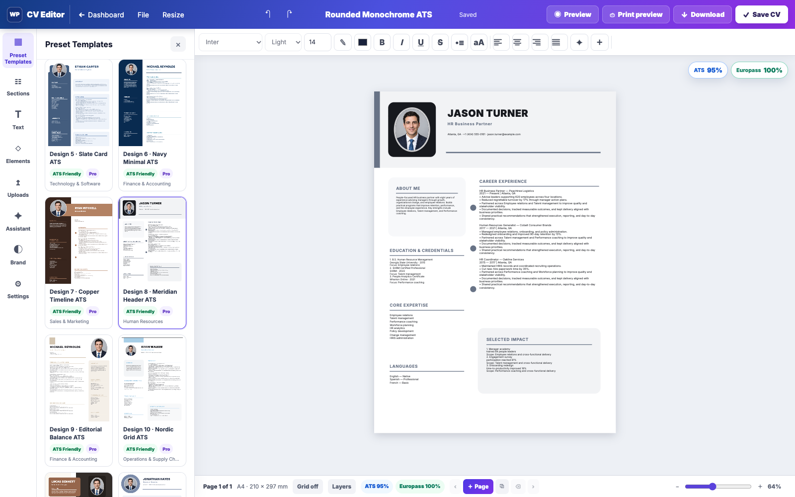 Current WP CV Builder front-end CV editor with content controls, live resume preview and ATS score