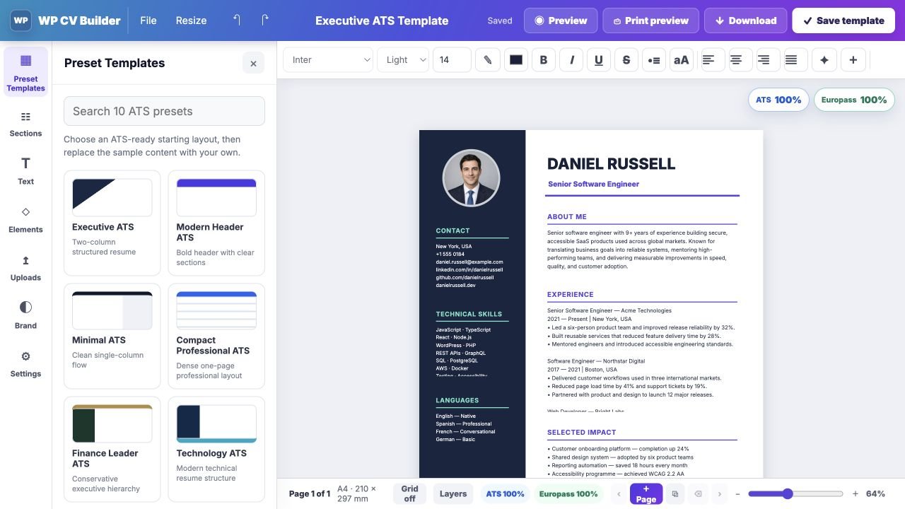 Current WP CV Builder visual Template Builder with an editable resume canvas and design controls