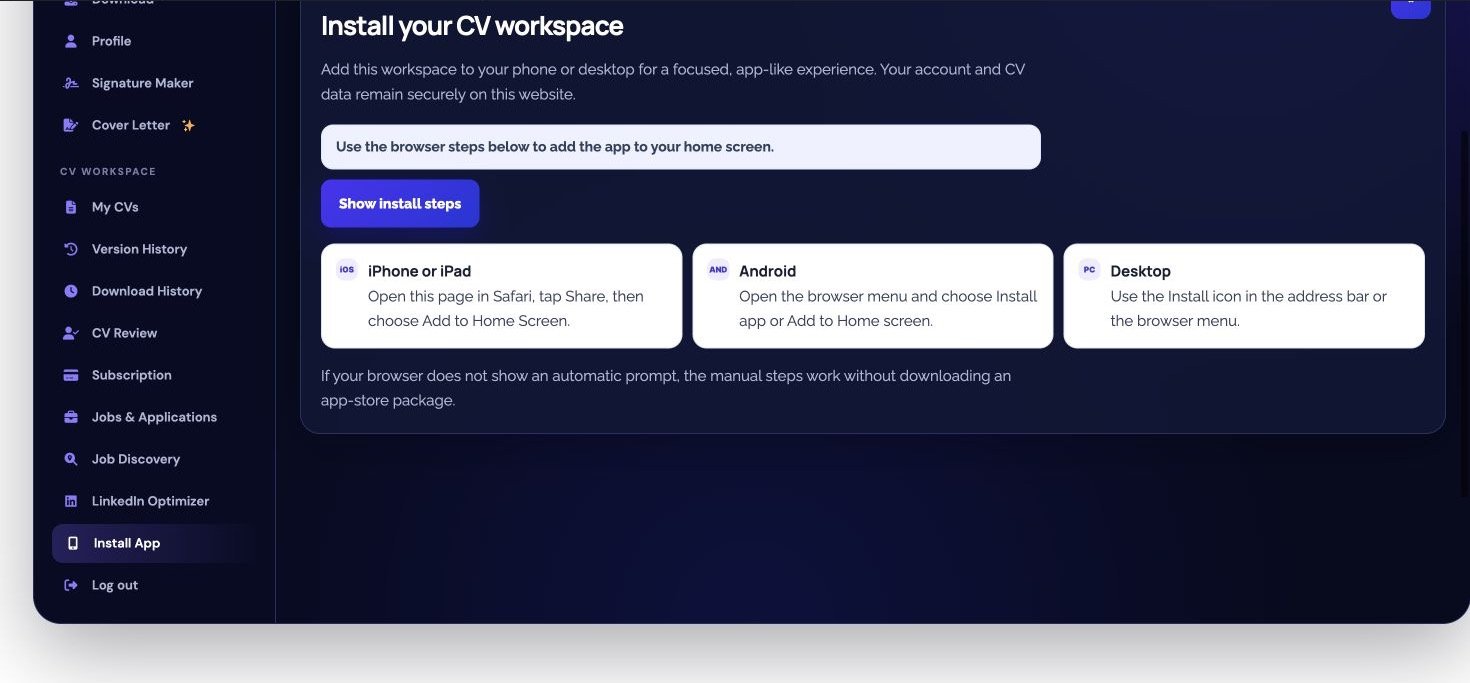 Current WP CV Builder customer dashboard with resume, job and career tool navigation