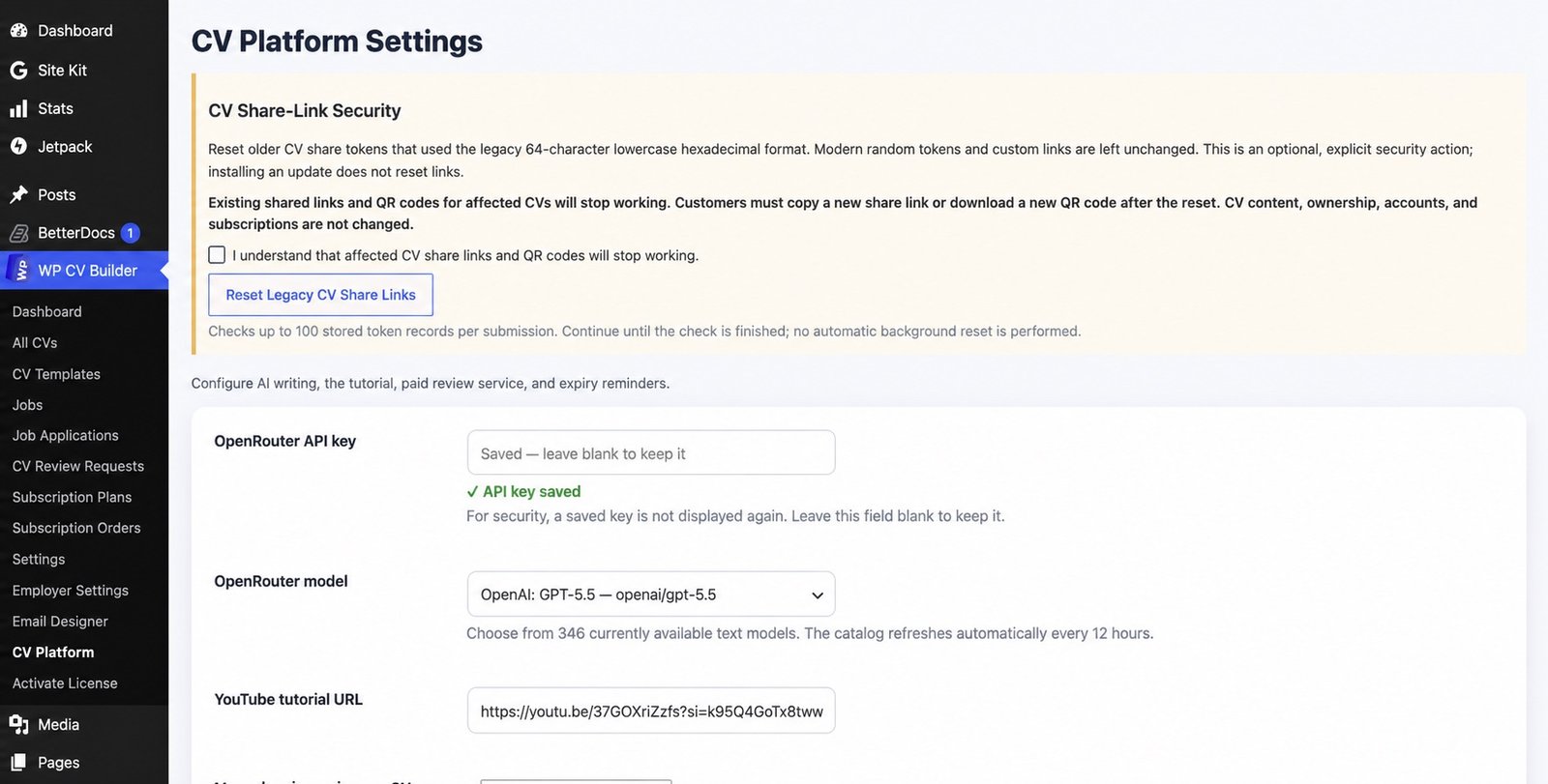 Real WP CV Builder platform settings