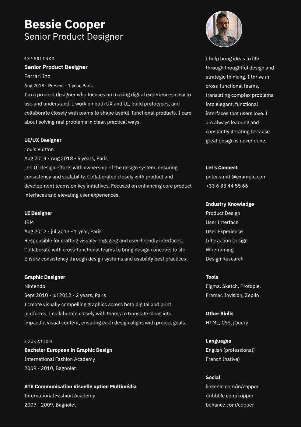 Dark accent product designer ATS resume template