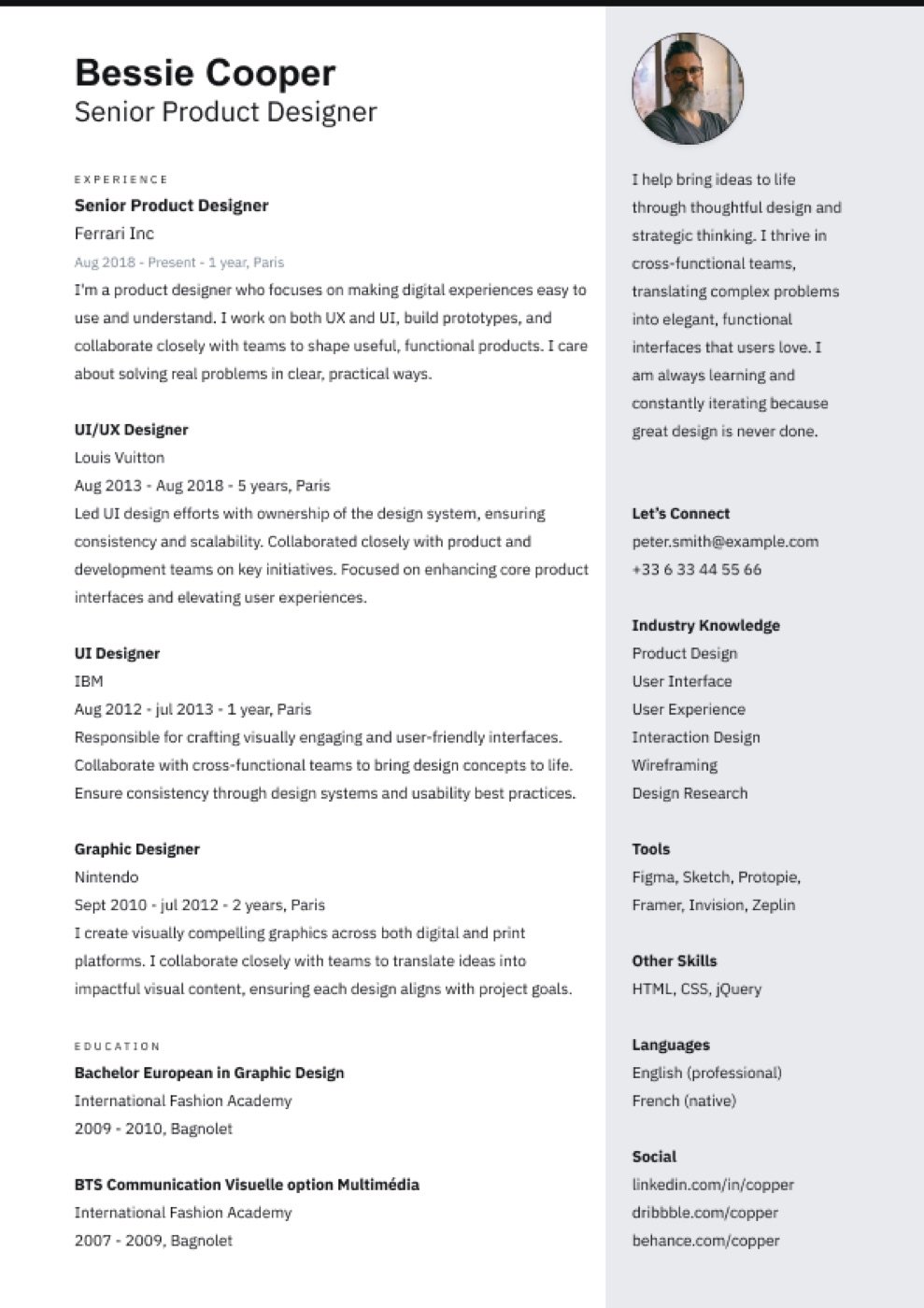 Panel layout product designer ATS resume template