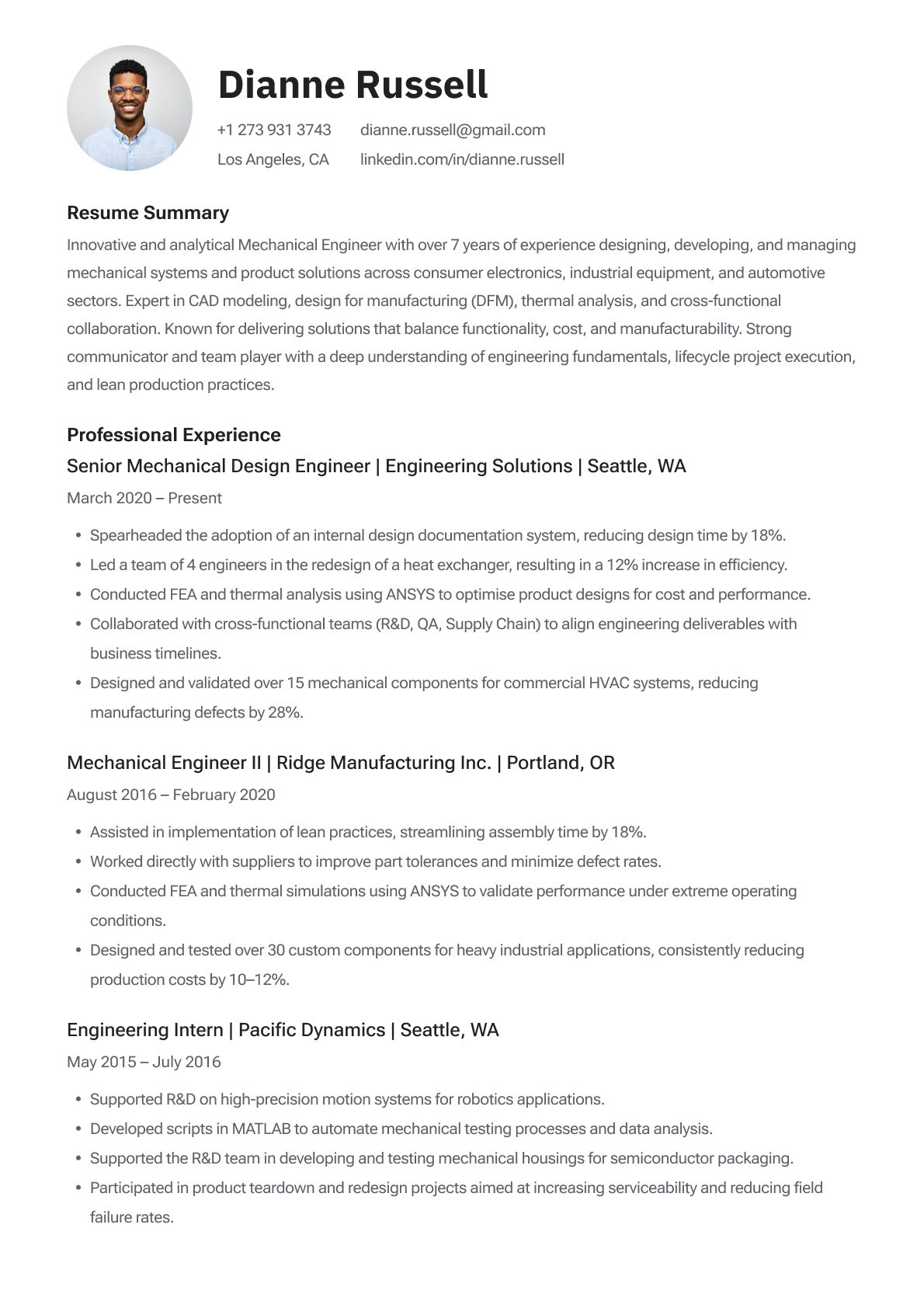 Mechanical engineering ATS resume template
