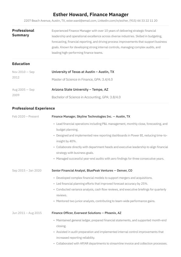 Finance manager classic ATS resume template