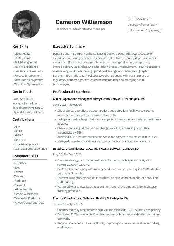 Healthcare operations manager ATS resume template