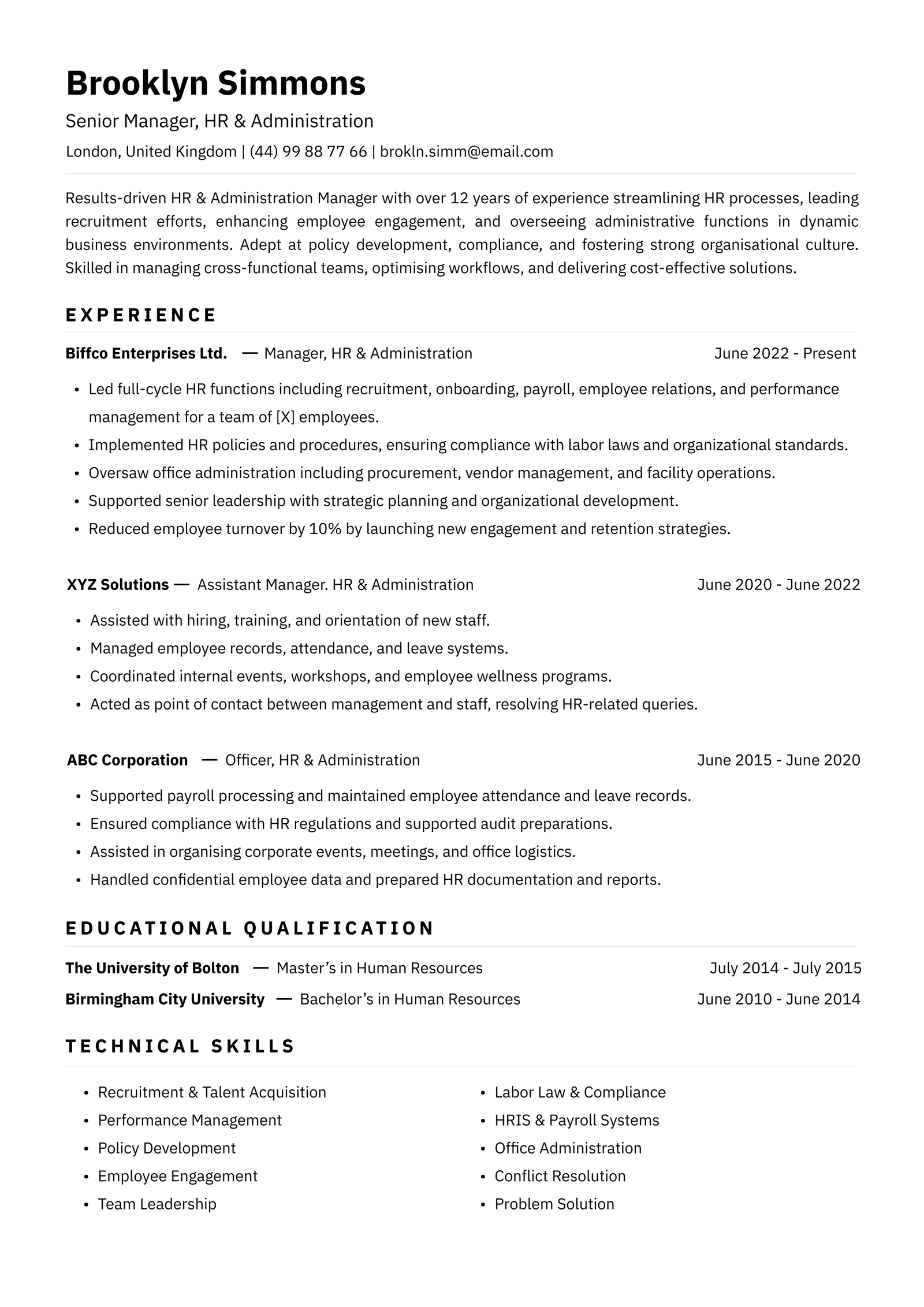Senior HR and administration ATS resume template