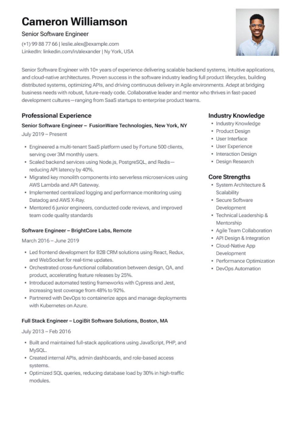 Two-column software engineering ATS resume template
