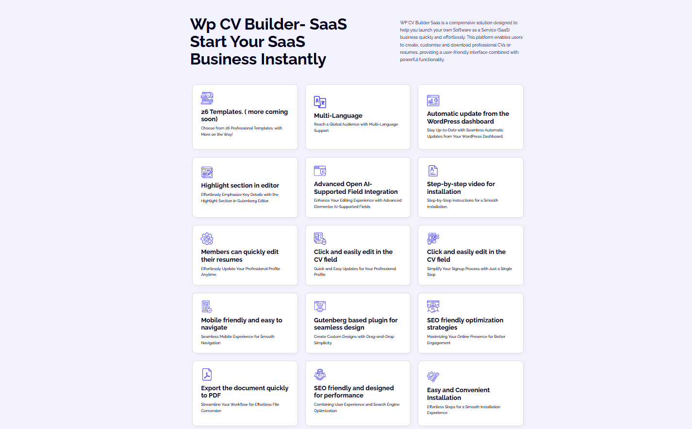 features of wp cv builder saas