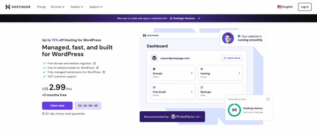 Affordable WordPress Hosting Services For SaaS Business 2025 6 hostinger website banner